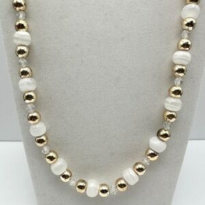 Vintage 90s Agate Coated Plastic Bead Necklace White Gold Tone Statement Jewelry
